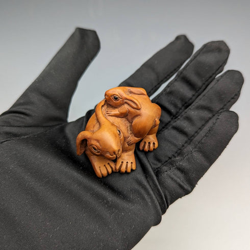 Japanese vintage rabbit parent and child wooden netsuke